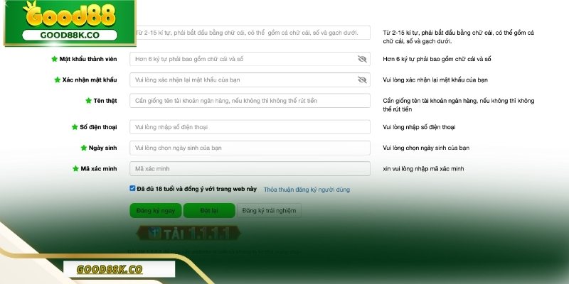 Quy trình đăng ký Good88 được triển khai theo từng bước rõ ràng